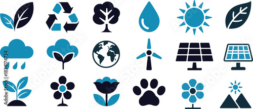 eco friendly sustainability icons vector collection portraying renewable energy, recycling and green living concepts ideal for environmental projects and branding.
