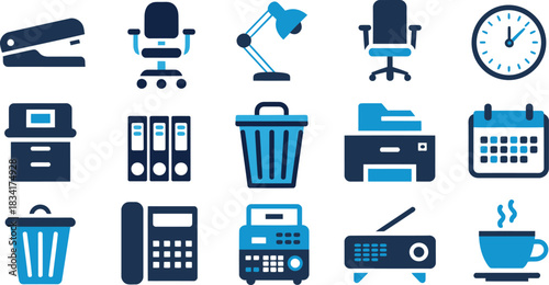 office supplies icons vector set featuring stationery, desk tools and workplace essentials ideal for business presentations, organizational designs and branding.
