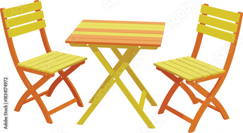 Wooden folding outdoor furniture vector illustration with two chairs and table for garden patio cafe seating