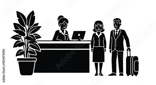 Hotel reception checkin couple luggage travel hospitality vector