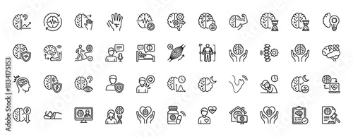 Neurology and mental health line icon set. vector pictograms of brain activity, protection, healing, and sleep, thin outline illustration.