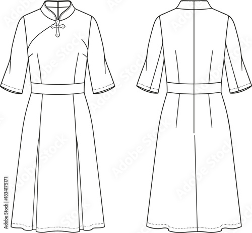 Cheongsam style midi dress technical fashion flat sketch vector illustration with mandarin collar, elbow sleeves, belt, and pleated skirt, front and back view