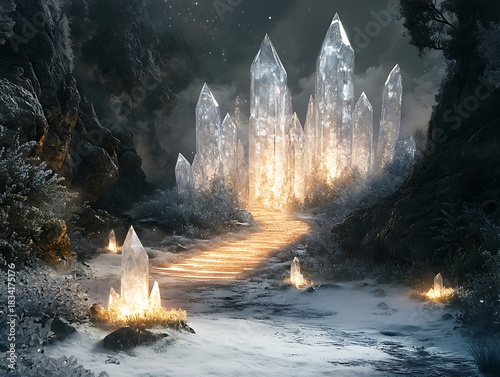 Ethereal crystal city in a frosty landscape under a starlit sky backdrop