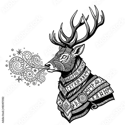 Deer stag runes viking mythology norse pagan animal forest wildlife antlers magical mystical spiritual tattoo art drawing