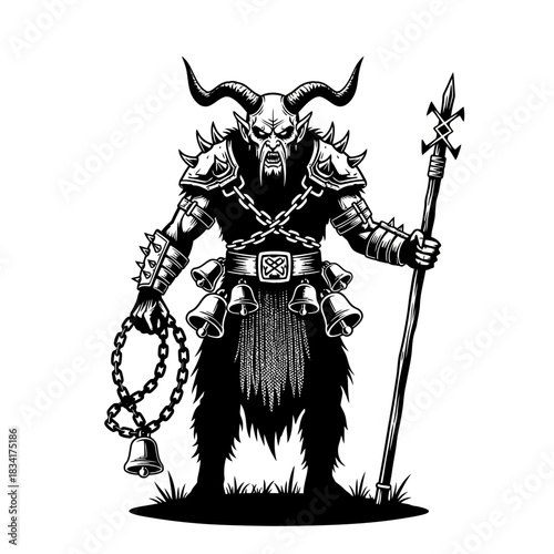 Krampus demon monster christmas folklore tradition holiday evil devilish beast horned mythical character black white artwork