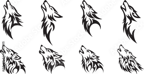 Set of tribal-style wolf tattoo  sketch design, vector style.
