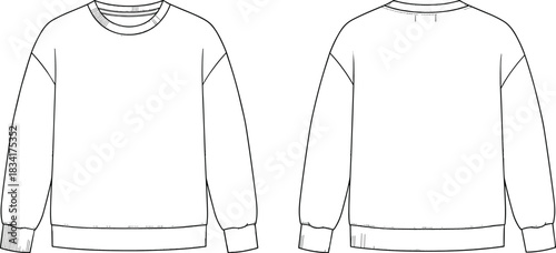 Oversized long-sleeve crew neck sweatshirt technical fashion flat sketch vector illustration with ribbed cuffs and hem, front and back view template, isolated on white