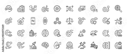 Mental health and business line icon set. Vector pictograms of brain activity, idea development, and emotional balance, thin outline illustration.