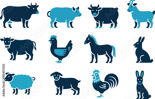 farm animals vector set featuring cows, pigs, horses, sheep, goats and chickens crafted for agricultural branding, education and rural-themed designs.