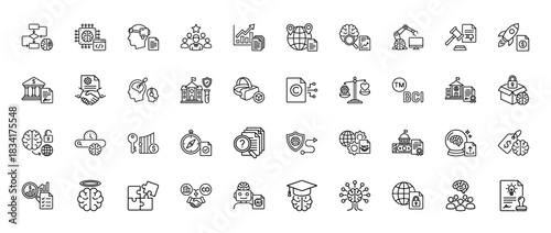 Artificial intelligence and intellectual property line icon set. Vector pictograms of machine learning, patents, data, and copyright, thin outline illustration.