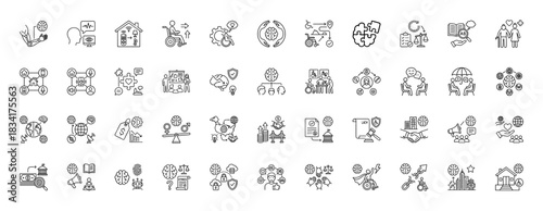 Disability, accessibility, and inclusion line icon set. Vector pictograms of wheelchair user, brain, handshake, and gender balance, thin outline illustration.