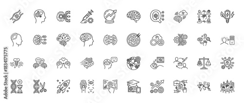 Artificial intelligence and neuroscience line icon set. Vector pictograms of brain, technology, machine learning, and innovation, thin outline illustration.