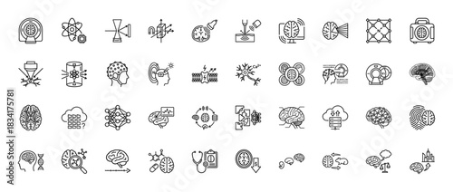 Neuroscience and artificial intelligence line icon set. vector pictograms of brain scans, deep learning, dna, and memory, thin outline illustration.