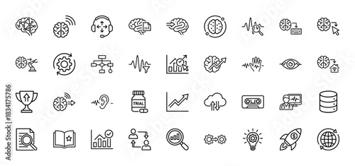 Brain, ai, and data science line icon set. Vector pictograms of analysis, deep learning, technology, innovation, and business development, thin outline illustration.