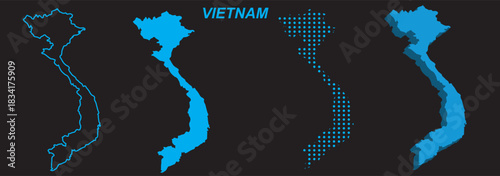 Vietnam Map Vector Set, Southeast Asia Outline Silhouette Dotted 3D Solid Shapes, Vietnam Country Infographic Template, Editable EPS Vietnam Geography
