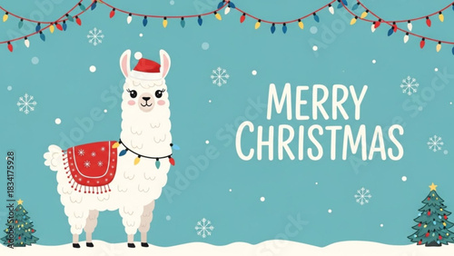 Cute cartoon llama wearing a santa hat and festive christmas lights around its neck standing in the snow with snowflakes and decorated trees wishing merry christmas