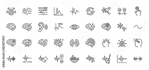 Neuroscience line icon set. Vector pictograms of brain activity, eeg waves, p300, neurons, and sensory functions, thin outline illustration.