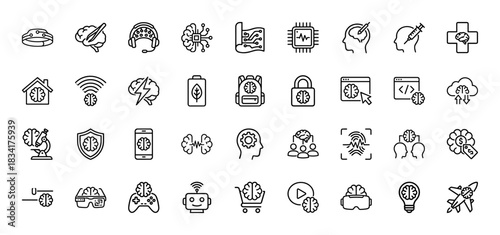 Artificial intelligence line icon set. Vector pictograms of brain, chip, cloud, home, and microscope, thin outline illustration.