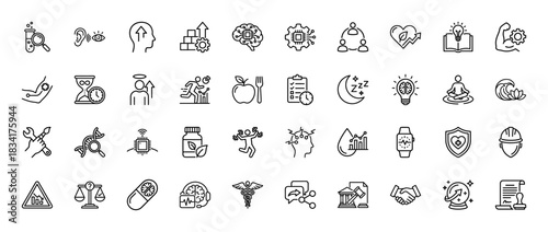 Health, wellness, and personal growth line icon set. Vector pictograms of research, brain, fitness, sleep, and medical symbols, thin outline illustration.
