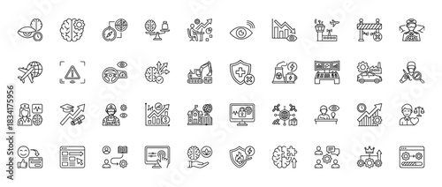 Business and risk management line icon set. Vector pictograms of decision-making, aviation, cybersecurity, and safety, thin outline illustration.