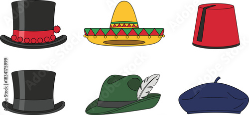 Hat collection, top hat, sombrero, fez, alpine hat, beret, cultural fashion, traditional headwear, costume accessory, style variety, illustration