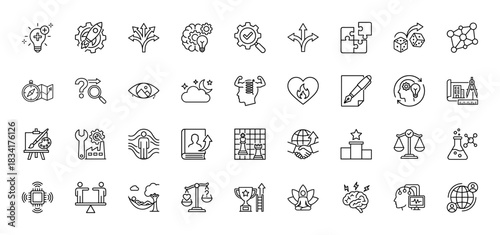 Business strategy and self improvement line icon set. Vector pictograms of lightbulb, rocket, puzzle, brain, chess, compass, trophy and network, thin outline illustration.