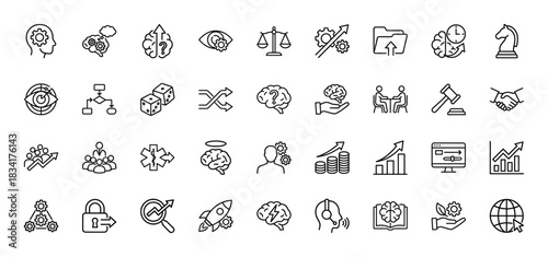 Business strategy and creative thinking line icon set. Vector pictograms of decision-making, finance, growth, analysis, and success, thin outline illustration.