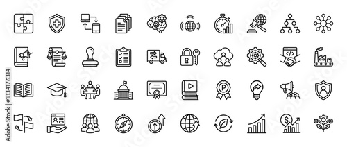 Business and education line icon set. Vector pictograms of puzzle, shield, document, delivery truck, and compass, thin outline illustration.