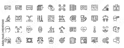 Technology and science line icon set. vector pictograms of oscilloscope, 3d printing, artificial intelligence, and health monitoring, thin outline illustration.
