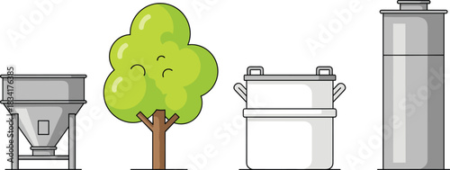 Industrial and nature contrast, cartoon tree, metal silo, storage container, cylindrical tank, environmental theme, whimsical art, factory elements, playful design