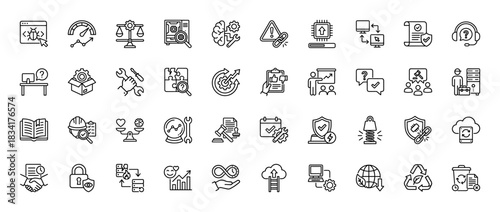 Software development and quality assurance line icon set. vector pictograms of coding, testing, optimization, and security, thin outline illustration.
