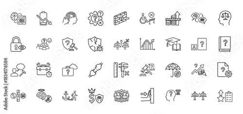Problem-solving and decision-making line icon set. Vector pictograms of question marks, finance, security, and knowledge, thin outline illustration.