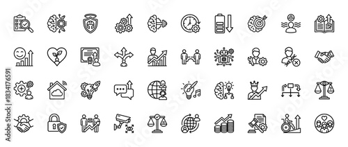 Business and management line icon set. Vector pictograms of decision making, innovation, security, and growth, thin outline illustration.