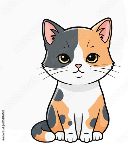 Cute cartoon calico kitten illustration with split face color, sitting and looking forward with big eyes, perfect for children's media and pet designs