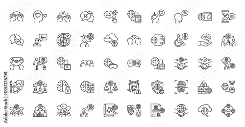 Psychology and mental health line icon set. vector pictograms of brain, communication, emotion, intellect, and memory, thin outline illustration.