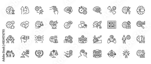 Cognition and mental health line icon set. Vector pictograms of brain activity, learning, motivation, and psychological state, thin outline illustration.