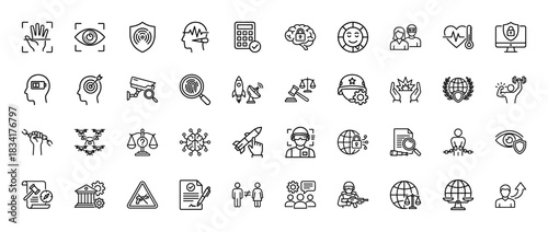 Security and surveillance line icon set. Vector pictograms of fingerprint, eye scan, target, drone, and rocket, thin outline illustration.