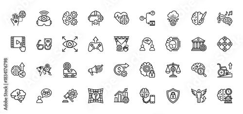 Artificial intelligence and ethics line icon set. Vector pictograms of brain, data, justice, and automation concepts, thin outline illustration.