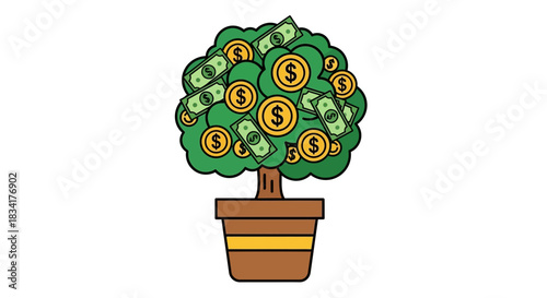 Money tree growing in a pot, symbolizing wealth and financial growth