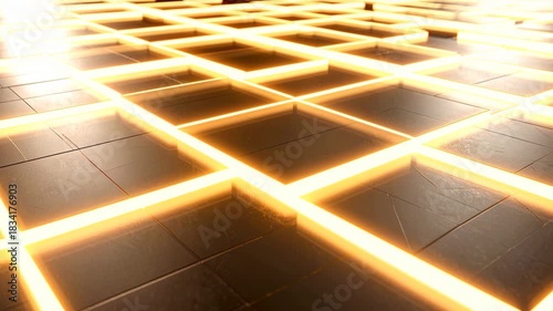Luminous square maze intricate puzzle showing network of pathways made from brightly lit square elements
