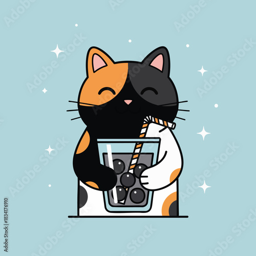Cute cartoon cat enjoying a bubble tea drink. Playful illustration of a calico cat with happy expression