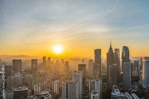 Aerial view of the modern city commercial buildings with skyline at sunrise in Guangzhou