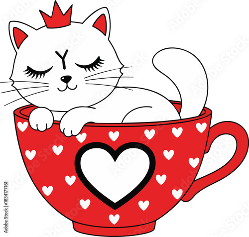 Cute cartoon cat in a red heart-decorated teacup with a crown. This vector illustration depicts a playful and loving concept