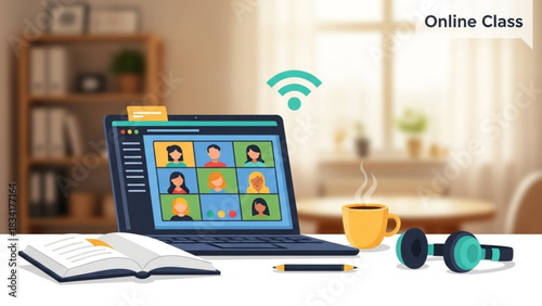 Online virtual meeting class remote work study from home video conference learning concept illustration