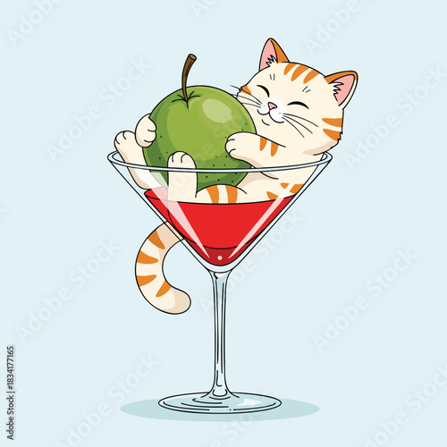 Cute cartoon cat joyfully embraces a green apple inside a martini glass with a red beverage