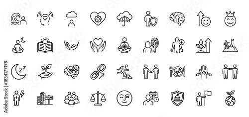 Mental health and well-being line icon set. Vector pictograms of mindfulness, brain, growth, and security, thin outline illustration.