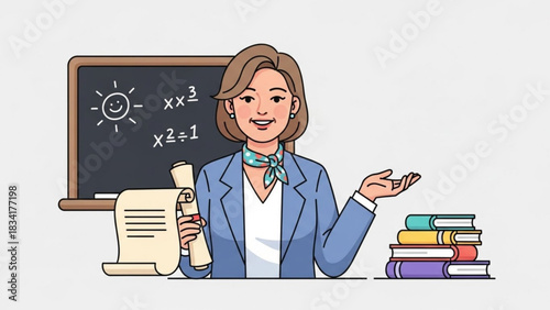 Teacher in classroom teaching math with blackboard books and scroll for education concept vector art