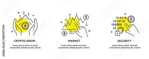Set of illustrations concept with cryptocurrency. technology, coin, financial, business