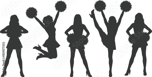 Set of Five Female Cheerleader Silhouettes in Dynamic Poses Holding Pom-Poms, Including Jumping and High Kick Moves, Vector Illustration Isolated on White