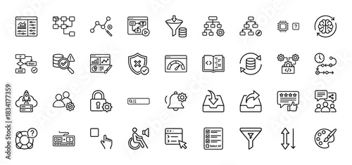 Data and digital technology line icon set. Vector pictograms of charts, security, development, and flowcharts, thin outline illustration.